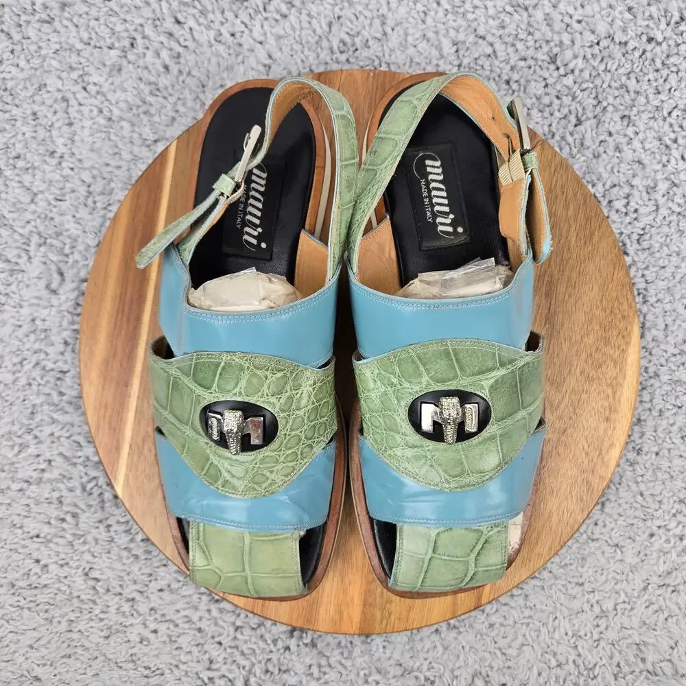 Mauri Mens 10.5M 1302 Green Blue Alligator Exotic Casual Lifestyle Daily Sandal